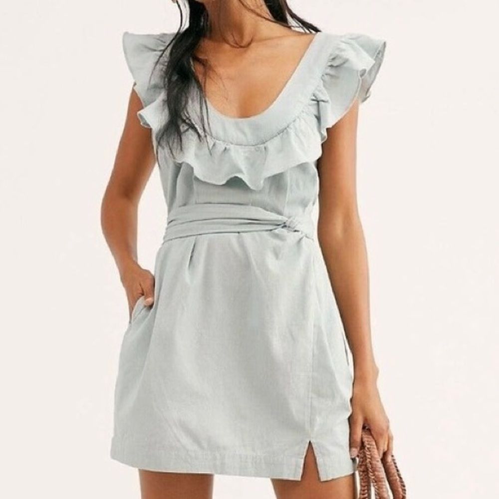 Free People Lara ruffle bib mini dress in seafoam green